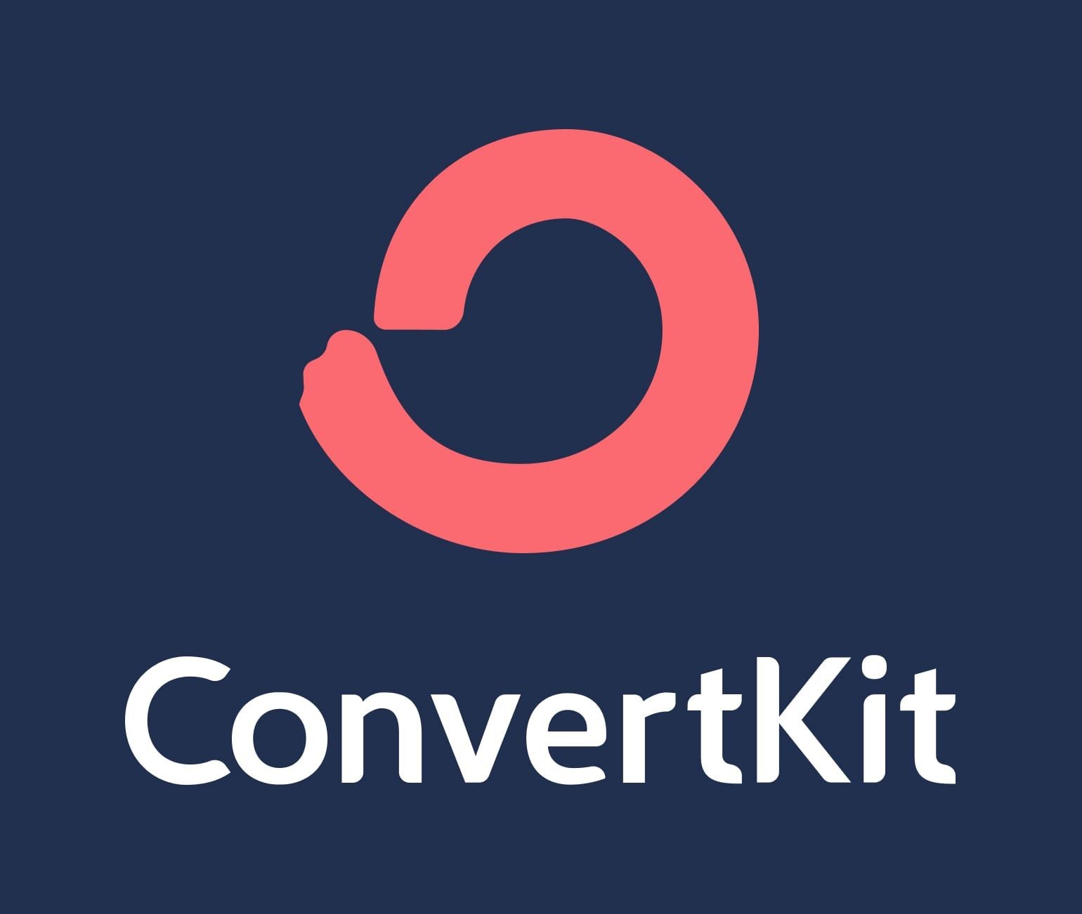 ConvertKit logo with a red circular design above the white text on a dark blue background.